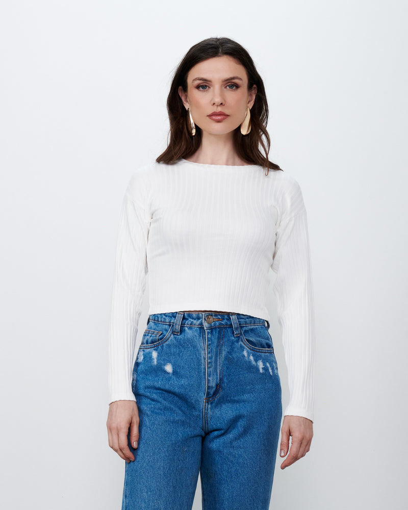 Cropped Manga Longa em Malha Canelada Off White | Quartzo