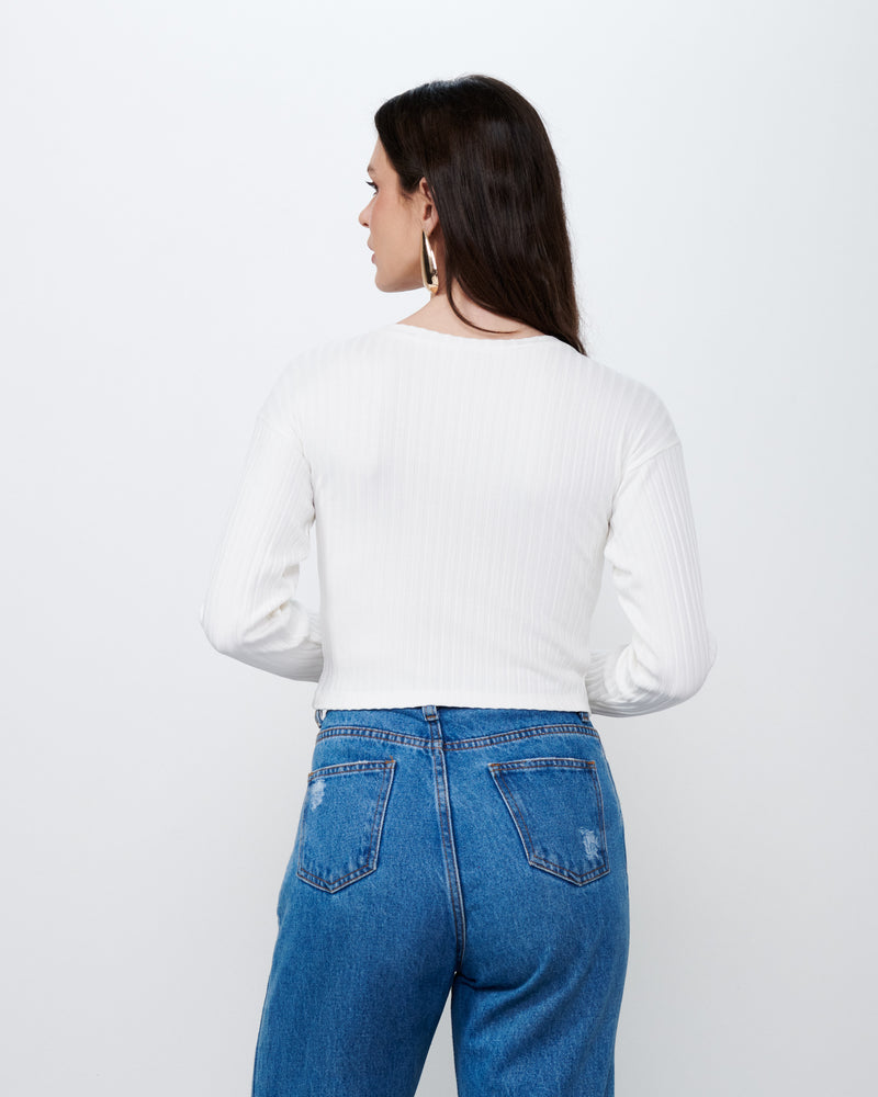 Cropped Manga Longa em Malha Canelada Off White | Quartzo