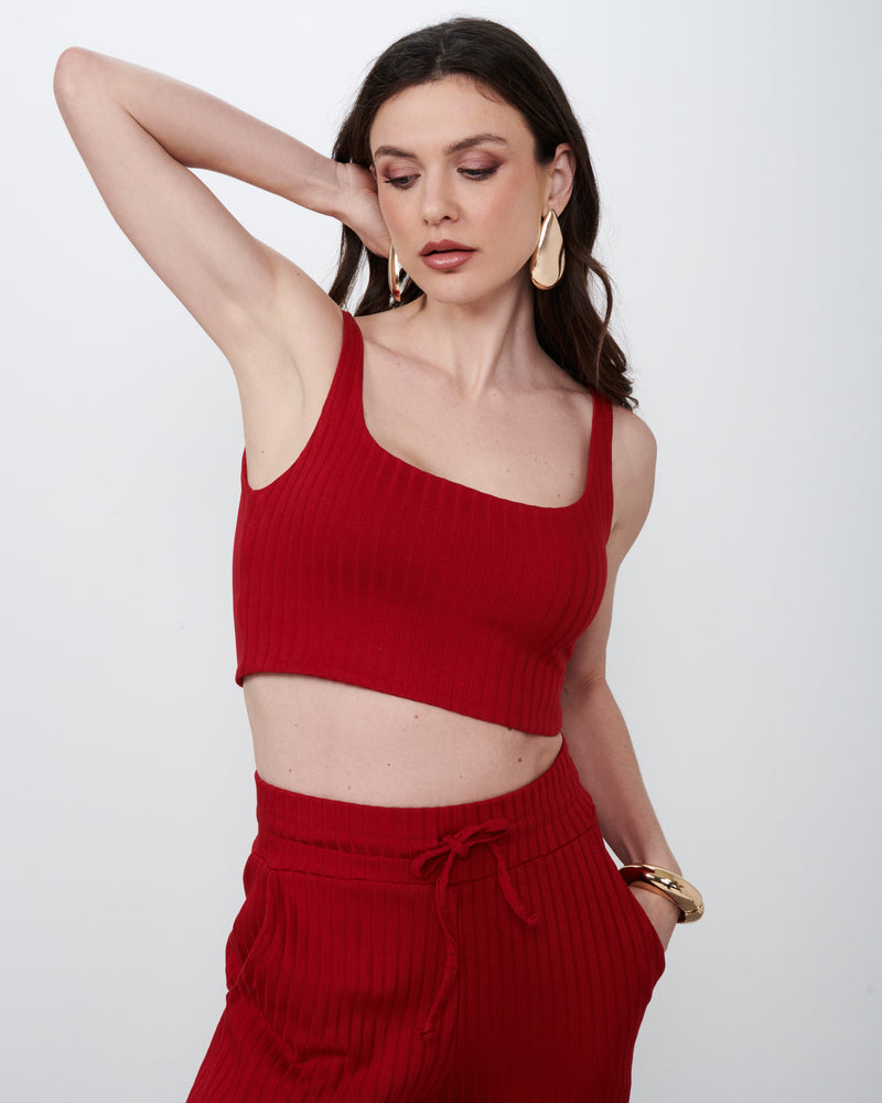 Cropped Decote Reto em Malha Canelada Vermelho | Estrela