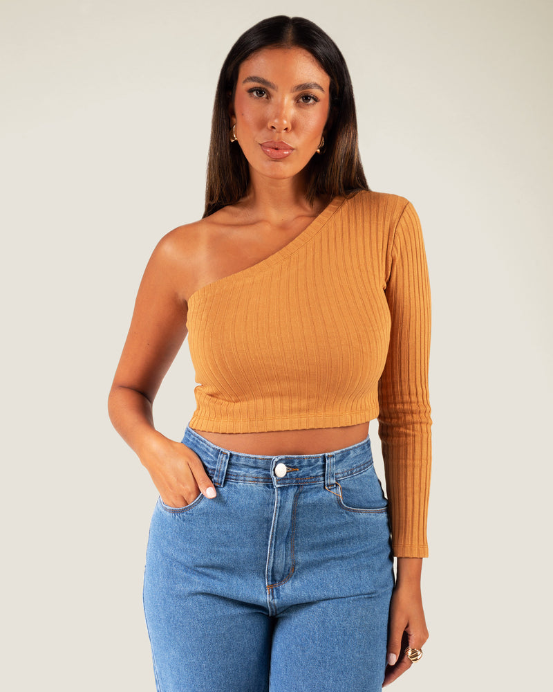 Cropped um Ombro em Malha Canelada Camel | Jade