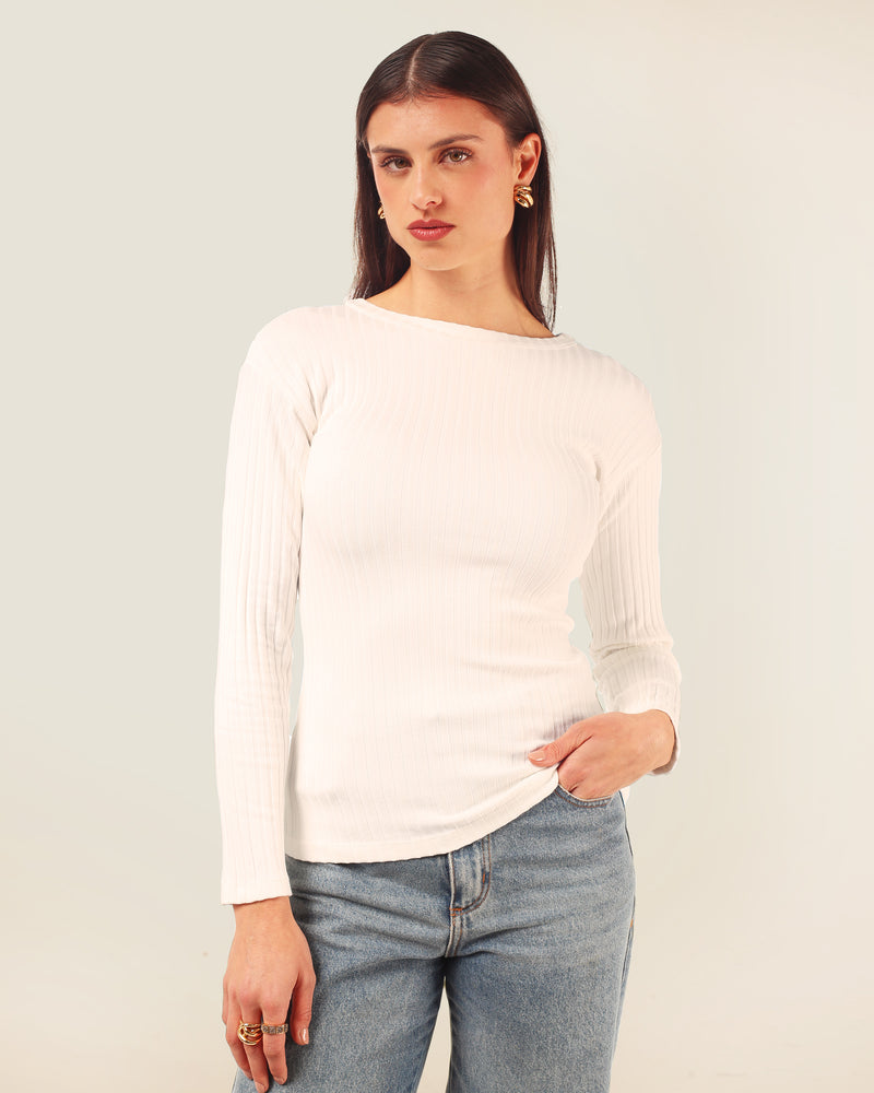 Blusa Manga Longa em Malha Canelada Off White | Âmbar