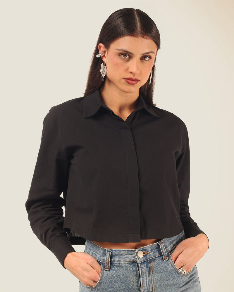 Camisa Cropped Manga Longa Tricoline 100% Algodão Preto | Pina