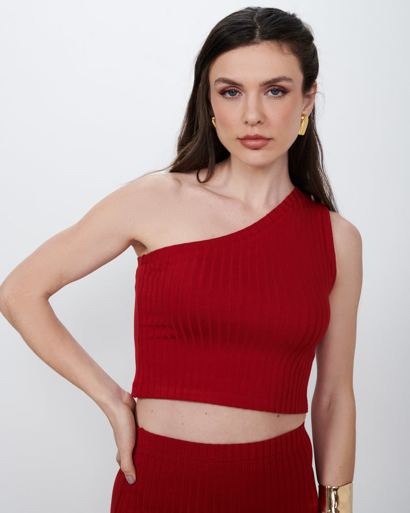 Cropped Um Ombro em Malha Canelada Vermelho | Rubi