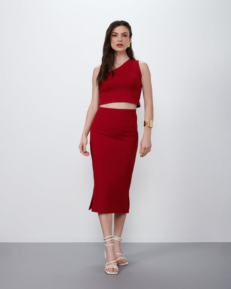 Cropped Um Ombro em Malha Canelada Vermelho | Rubi