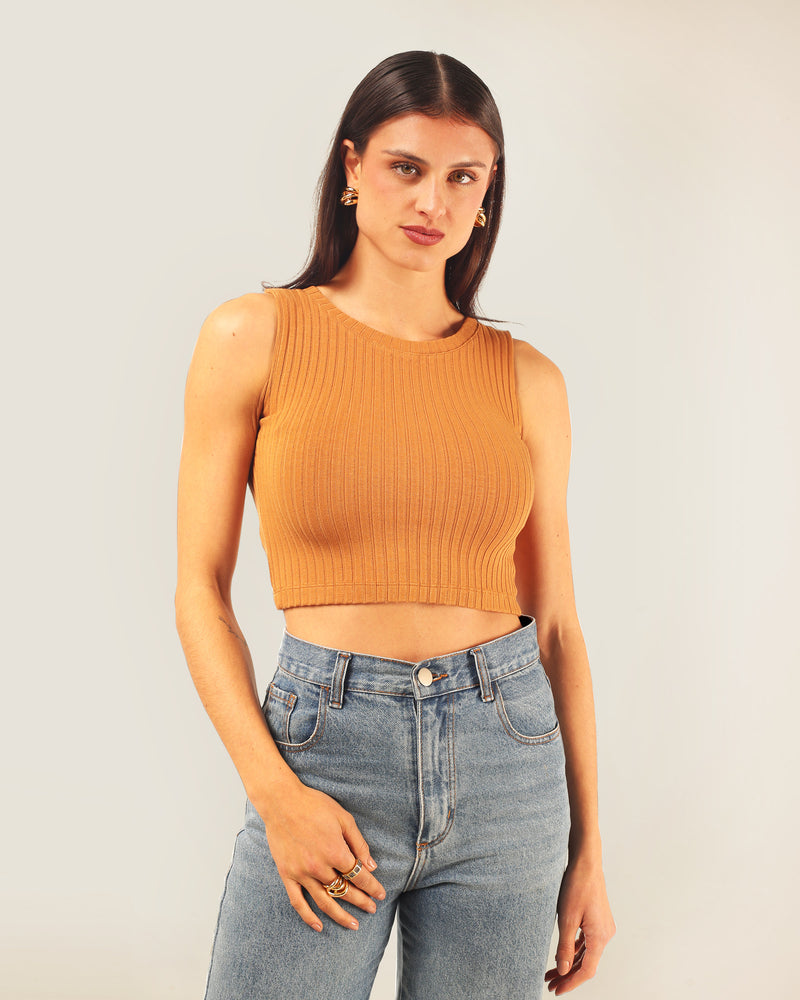 Cropped Cavado em Malha Canelada Camel | Pérola