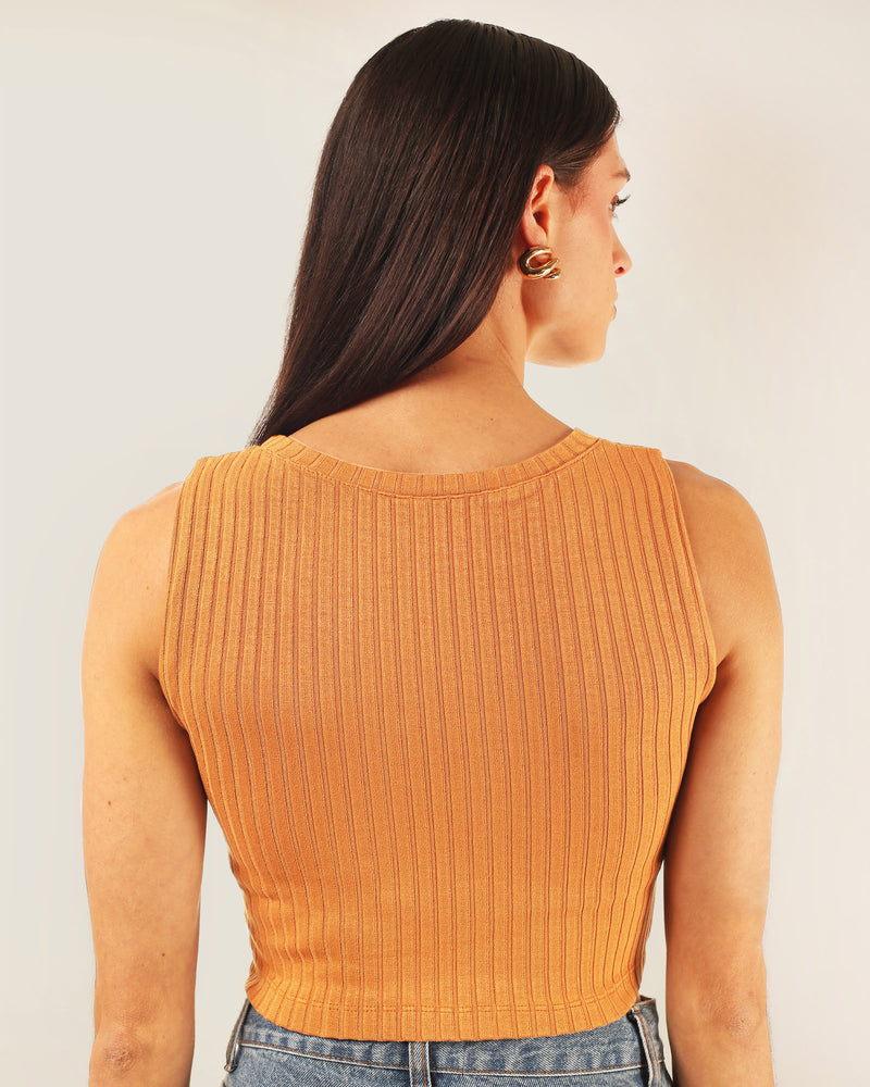 Cropped Cavado em Malha Canelada Camel | Pérola