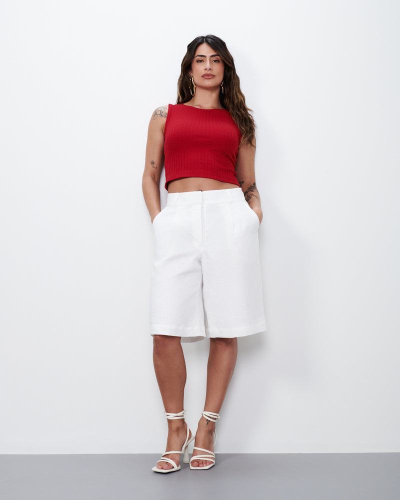 Cropped Decote Canoa em Malha Canelada Vermelho | Pérola