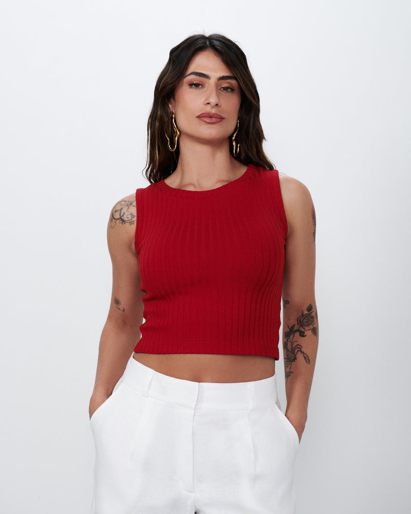 Cropped Decote Canoa em Malha Canelada Vermelho | Pérola