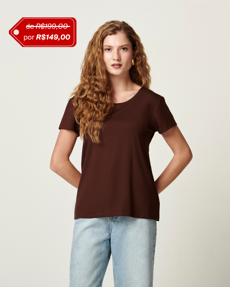 Blusa em Viscose Decote Redondo Marrom | Saudade