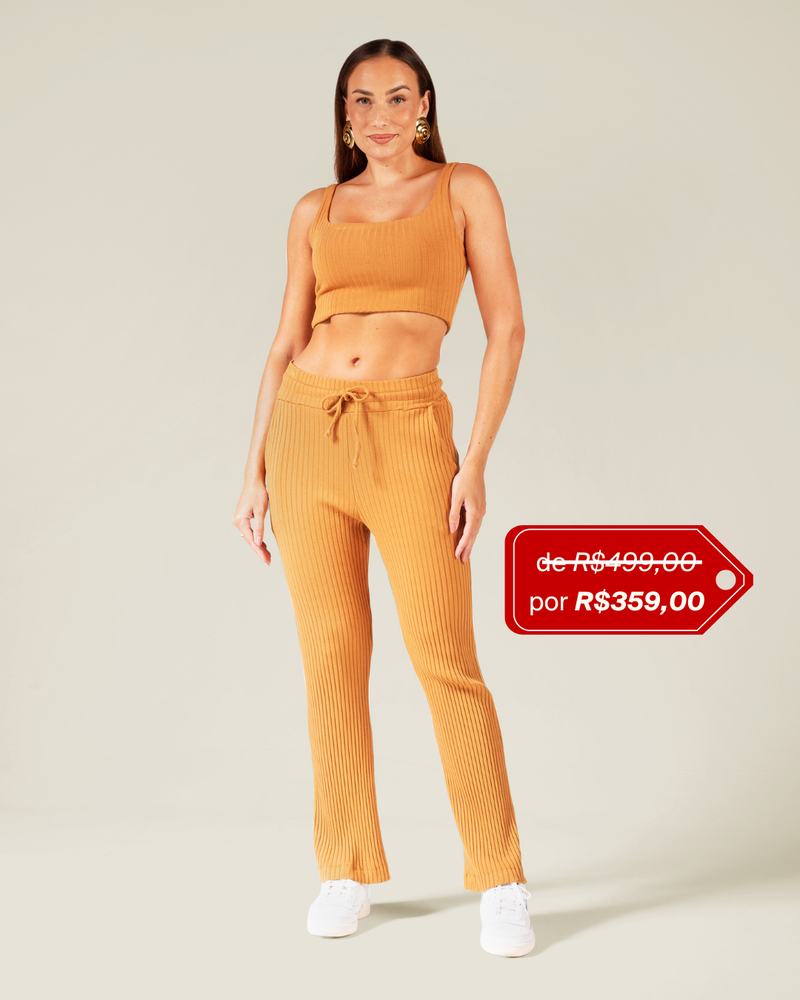 Calça Flare com Amarração em Malha Canelada Camel | Noite