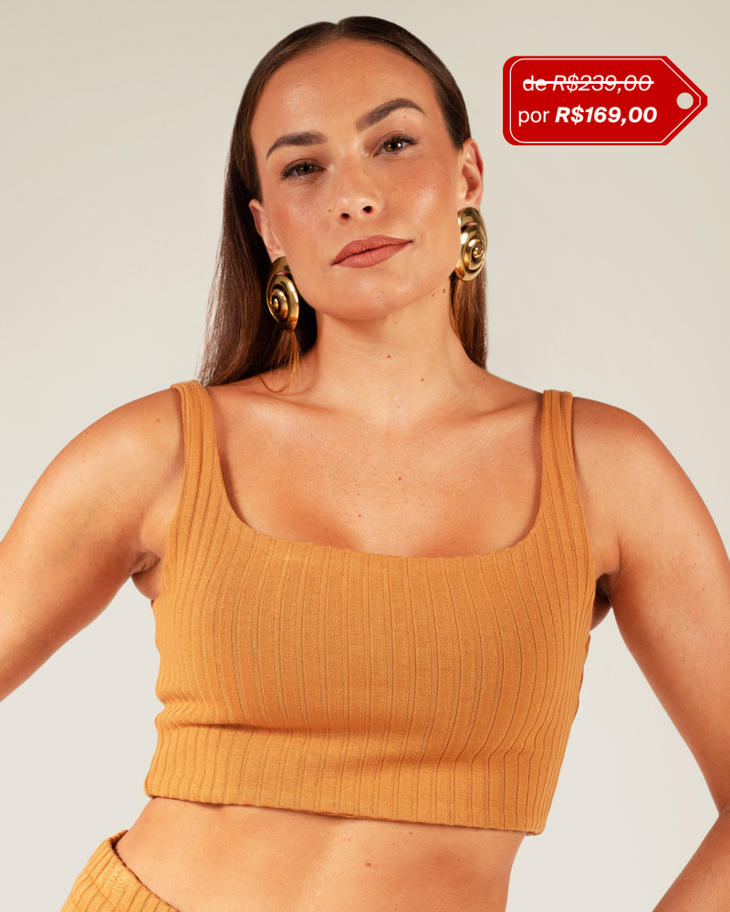 Cropped com Alças em Malha Canelada Camel | Estrela