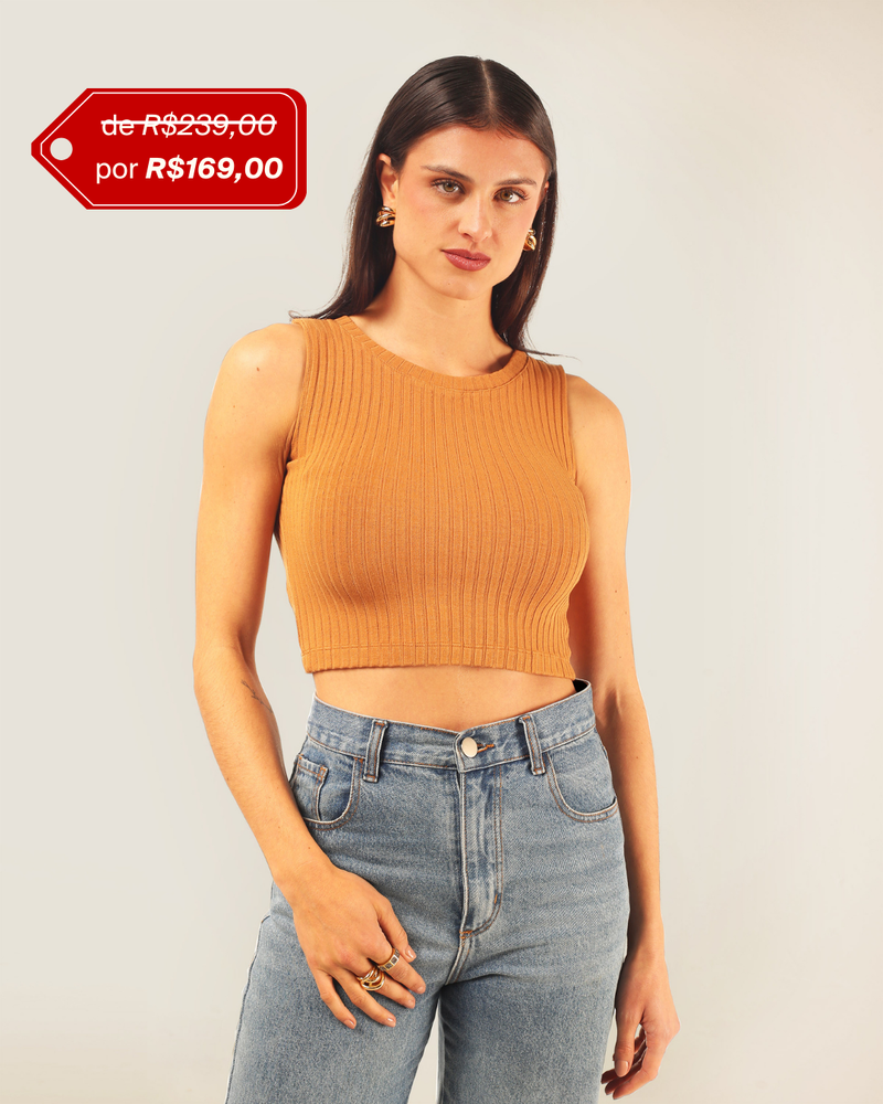 Cropped Cavado em Malha Canelada Camel | Pérola