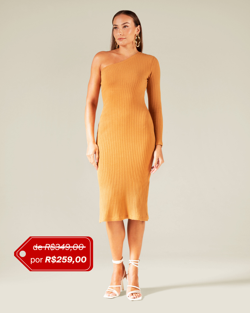 Vestido um Ombro em Malha Canelada Camel | Ágata