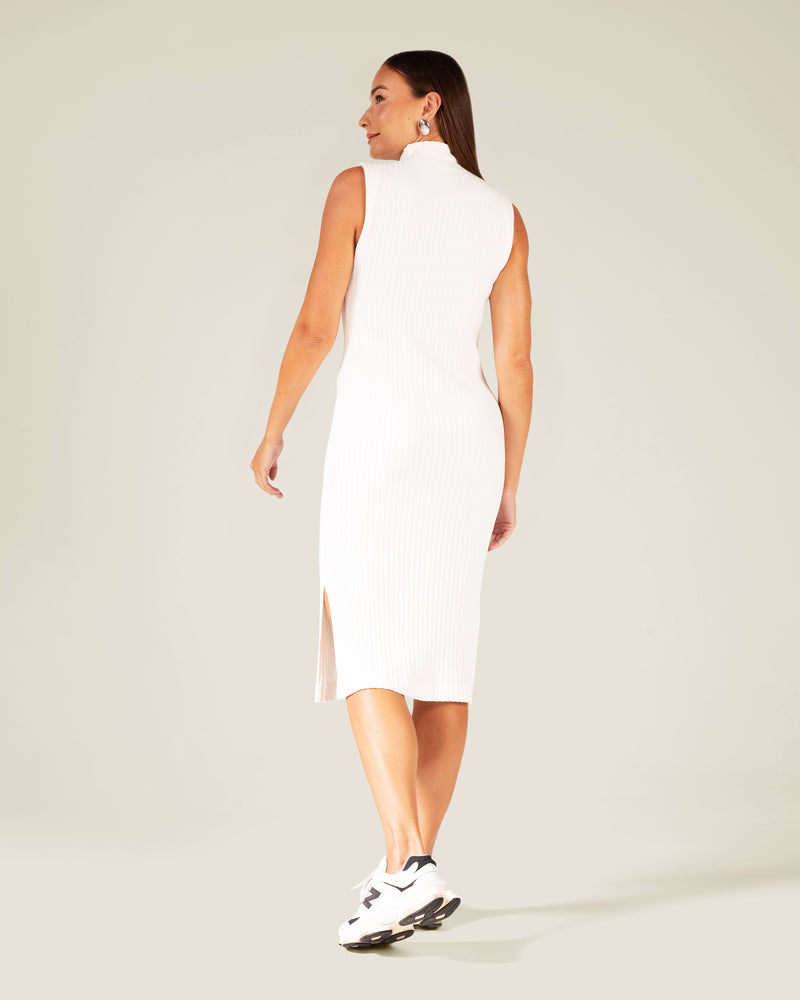 Vestido Gola alta em Malha Canelada Off White | Sol