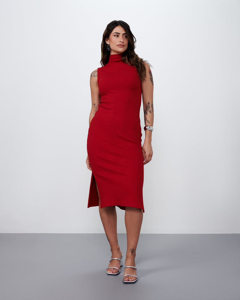 Vestido Gola Média em Malha Canelada Vermelho | Sol