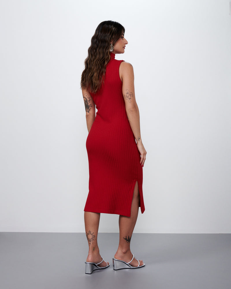 Vestido Gola Média em Malha Canelada Vermelho | Sol