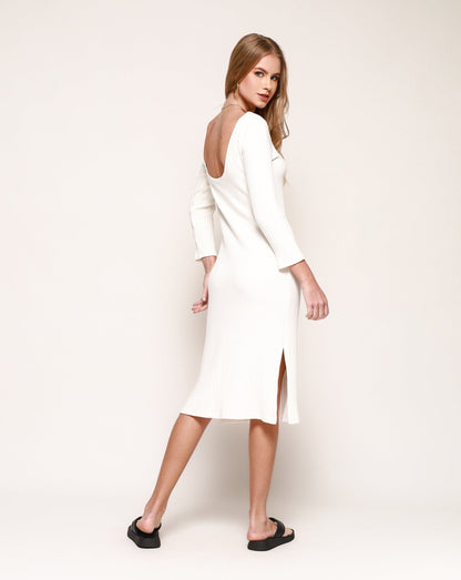 Vestido Decote Costas Equilíbrio em Malha Canelada | OFF WHITE