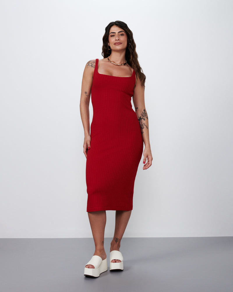 Vestido Midi Decote Reto em Malha Canelada Vermelho | Fogo