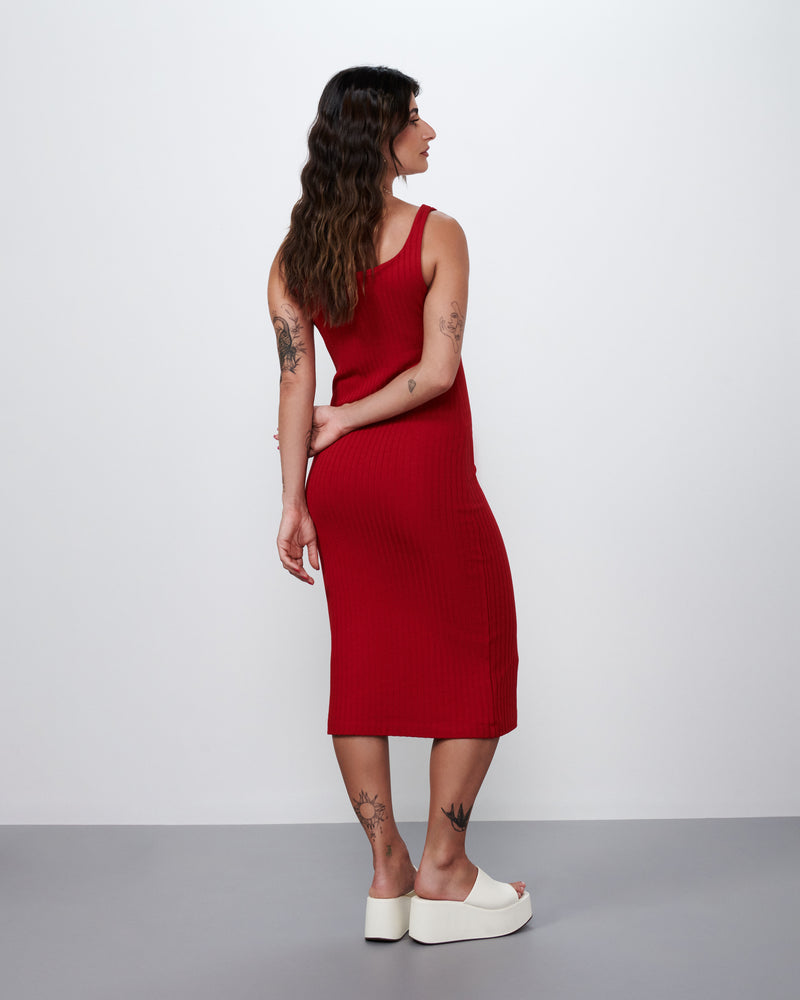 Vestido Midi Decote Reto em Malha Canelada Vermelho | Fogo