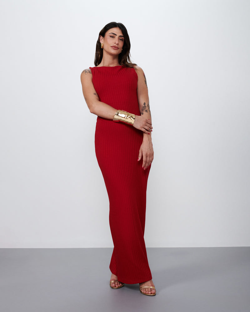 Vestido Longo em Malha Canelada Vermelho | Sonho