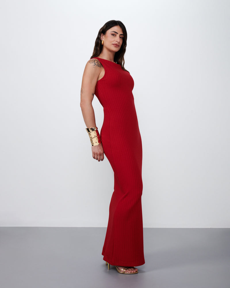 Vestido Longo em Malha Canelada Vermelho | Sonho