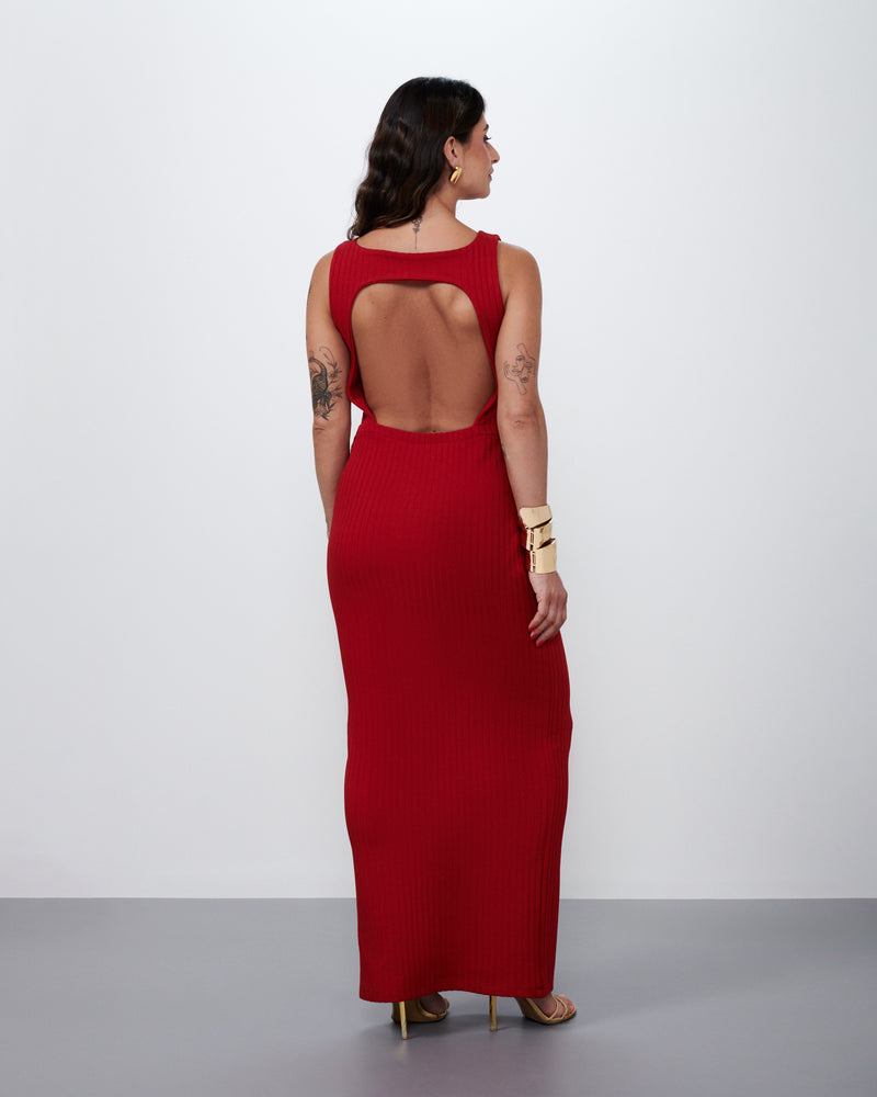 Vestido Longo em Malha Canelada Vermelho | Sonho