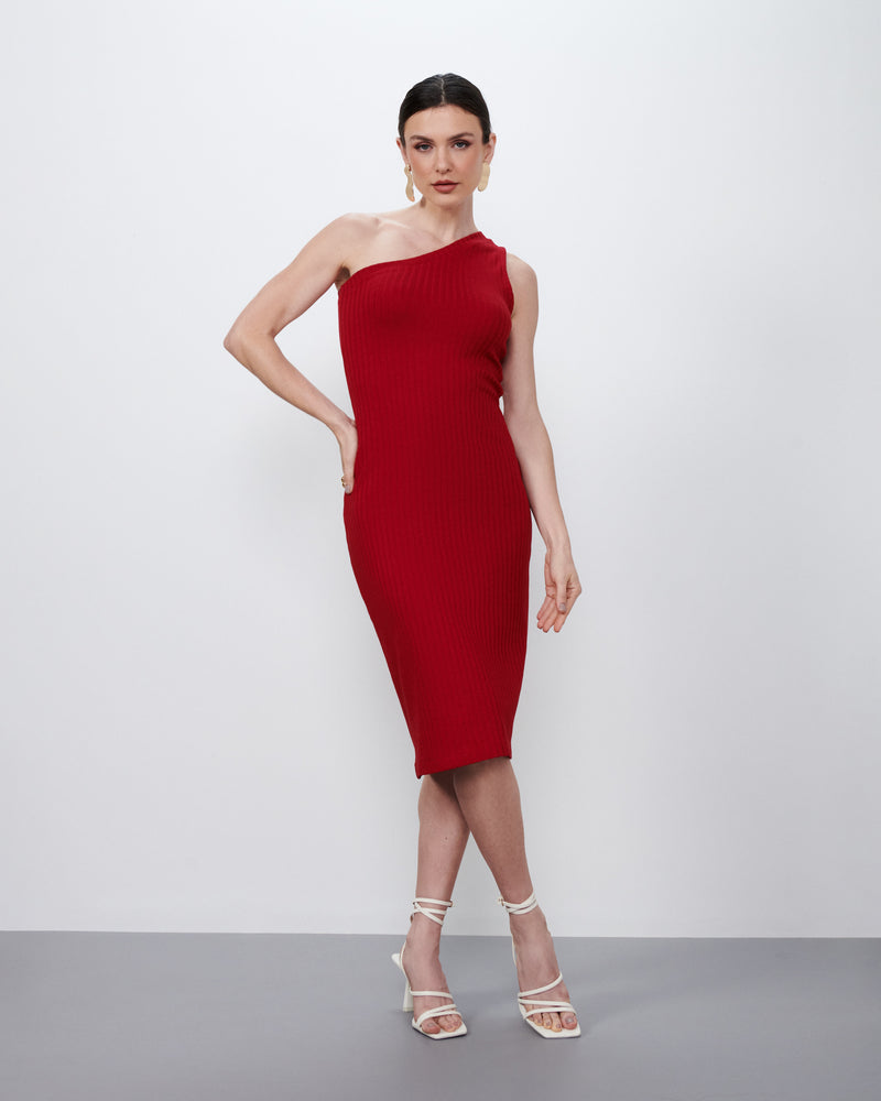 Vestido Um Ombro em Malha Canelada Vermelho | Safira