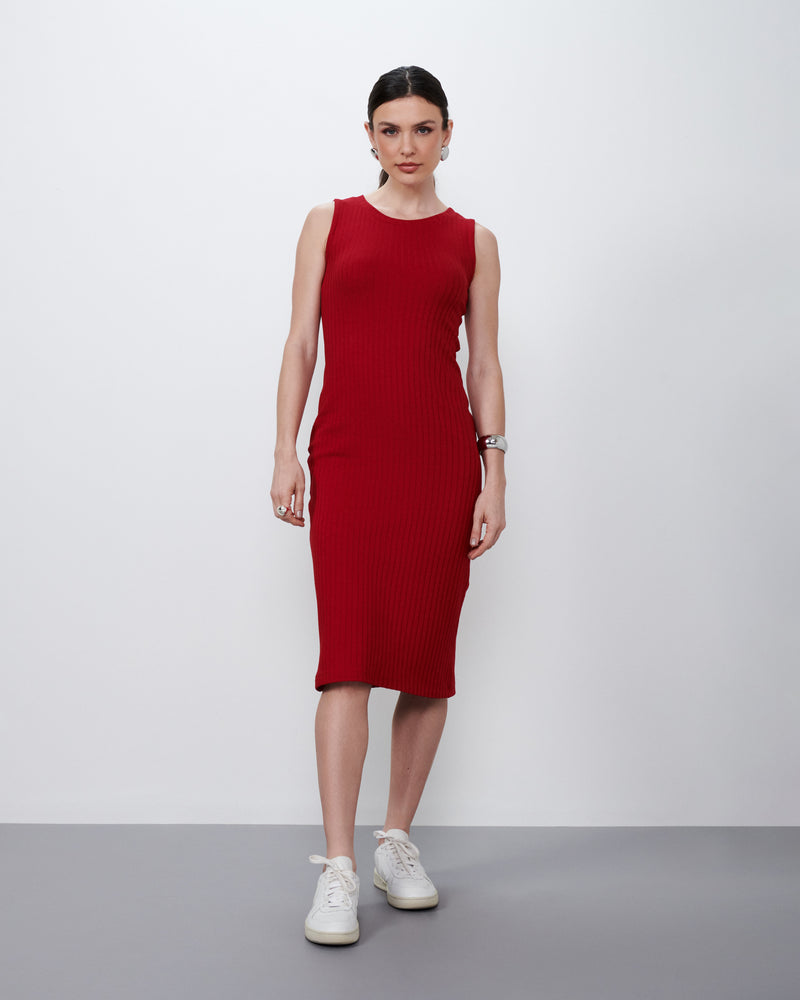 Vestido Midi em Malha Canelada Vermelho | Infinito