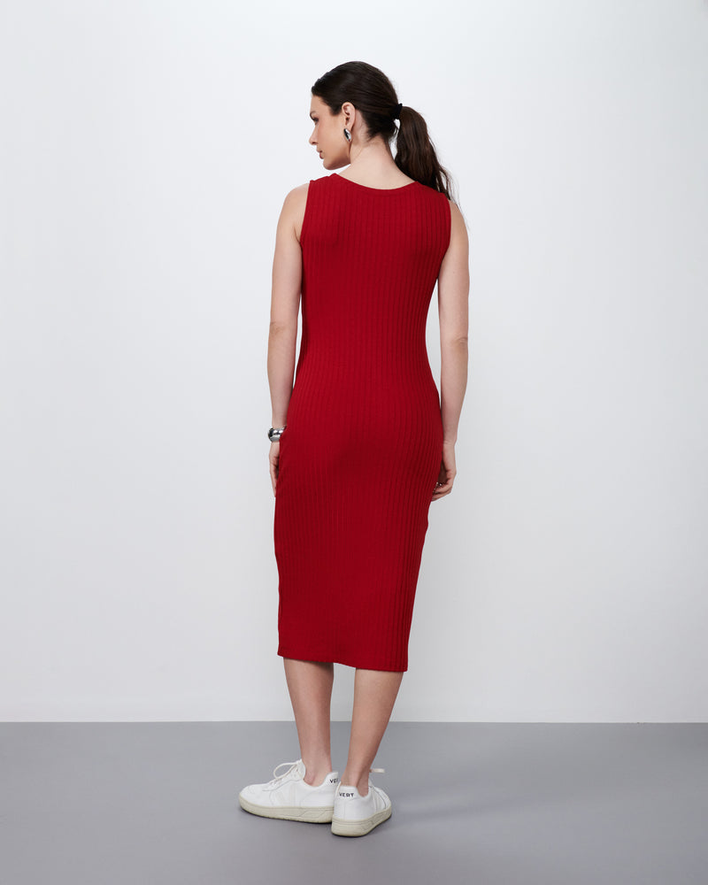 Vestido Midi em Malha Canelada Vermelho | Infinito