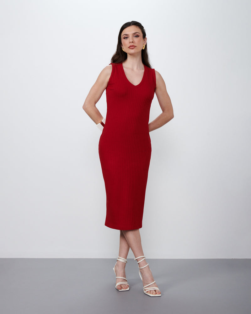 Vestido Decote V em Malha Canelada Vermelho | Noturno