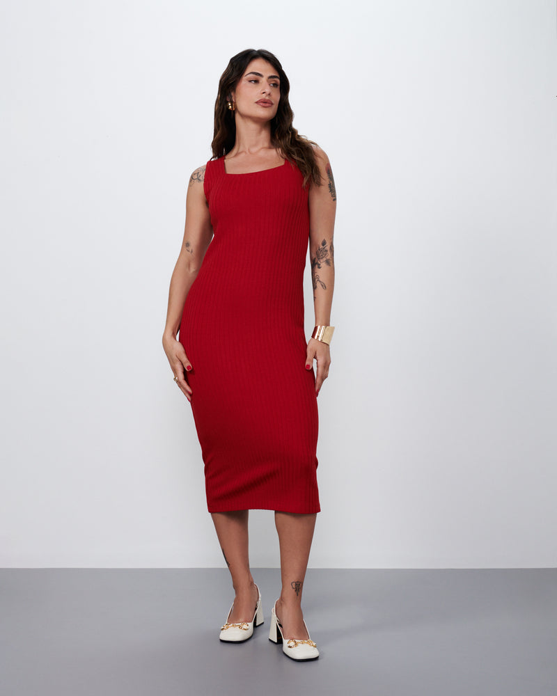 Vestido Midi Decote Reto em Malha Canelada Vermelho | Nostalgia