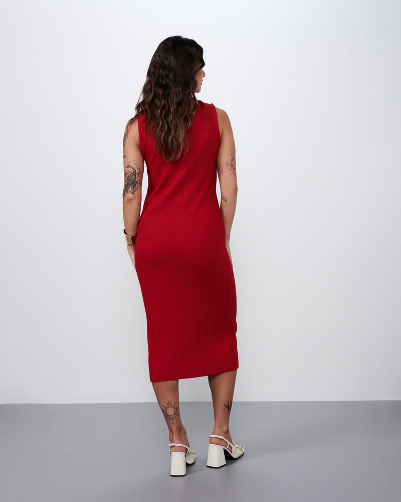 Vestido Midi Decote Reto em Malha Canelada Vermelho | Nostalgia