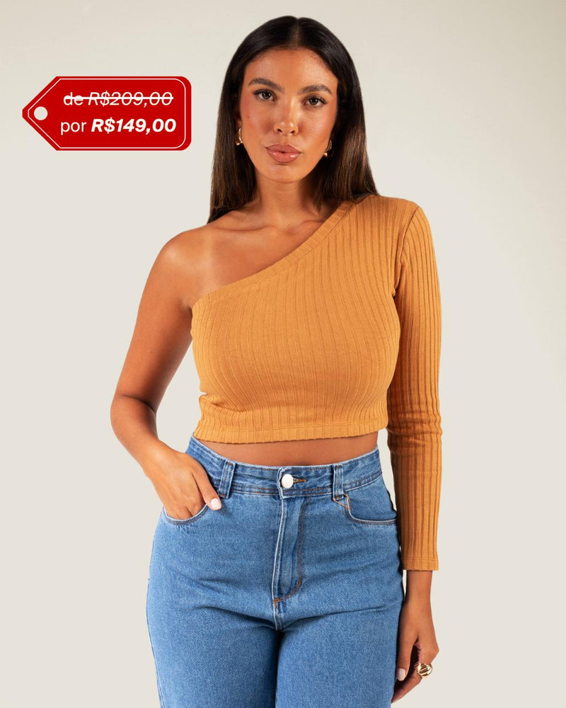 Cropped um Ombro em Malha Canelada Camel | Jade